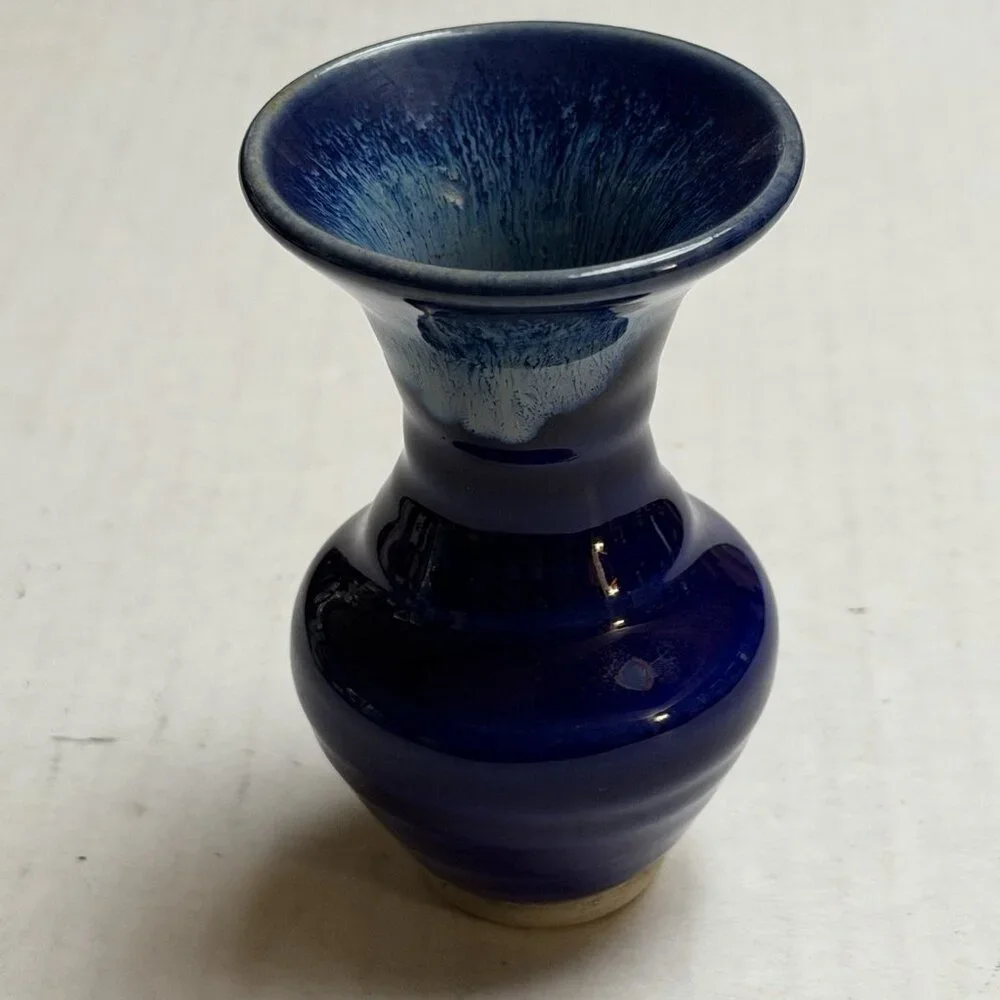 Dark Blue White Glazed Pottery Ceramic Bud Vase 4 Inches Tall Signed Decor Gift